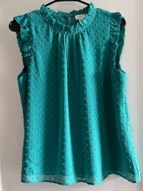 J. Crew Teal Sleeveless Swiss Dot Ruffle Neck Camisole Size M